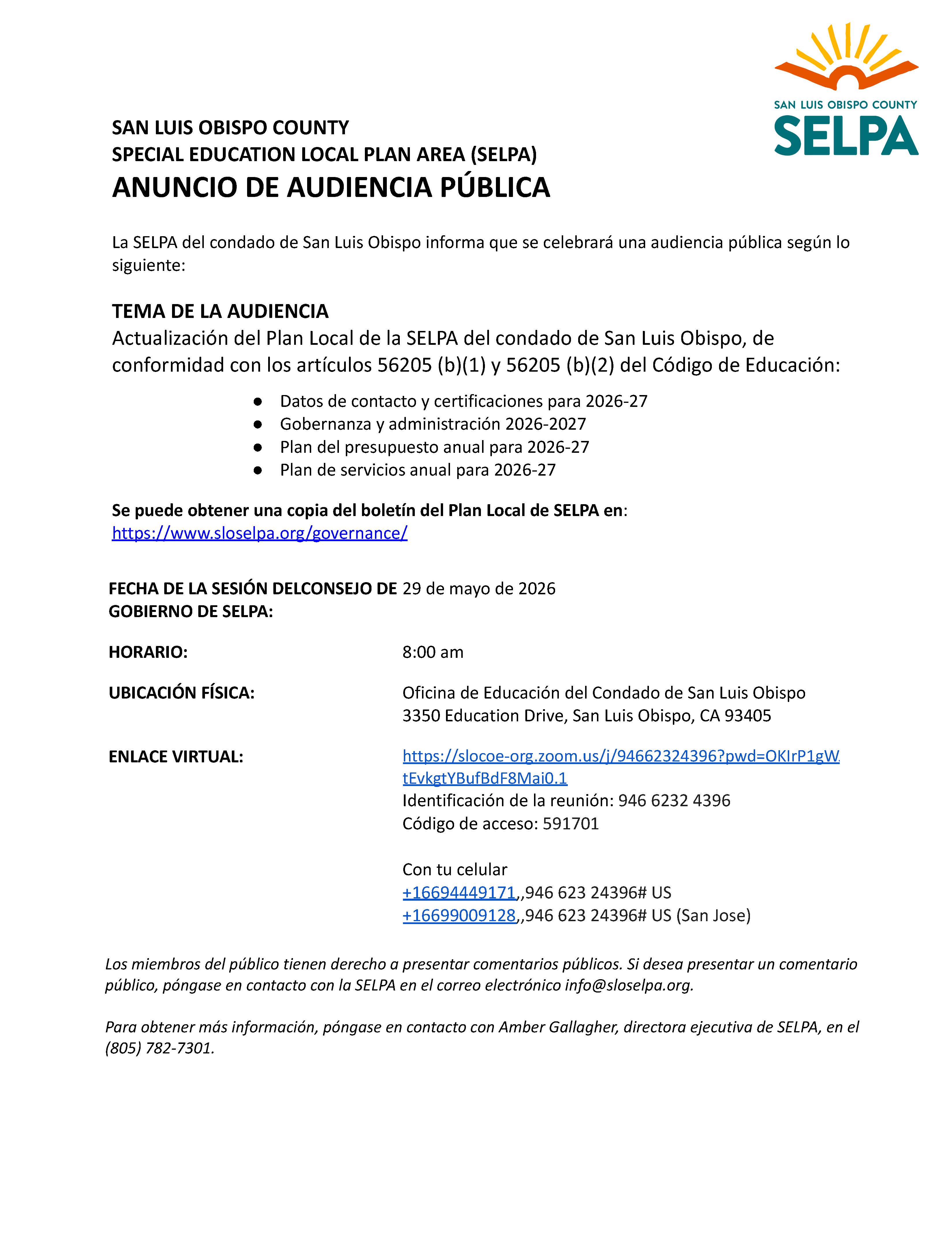 Public hearing 2026-27 SELPA Local Plan in Spanish