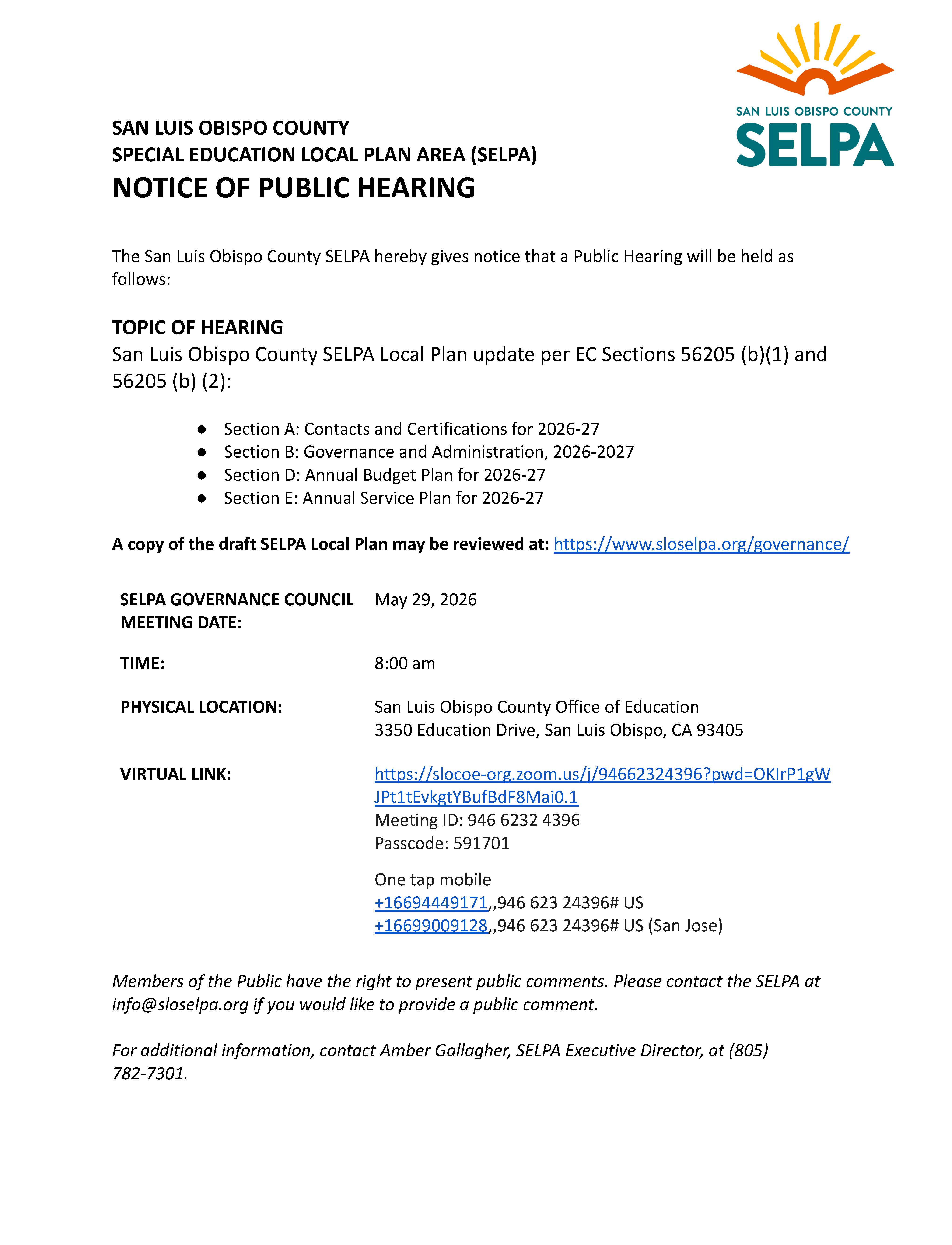 Public hearing 2026-27 SELPA Local Plan